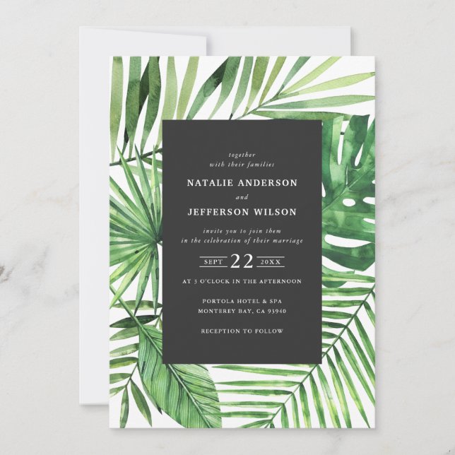 Tropical leaf and script watercolor wedding invite (Front)