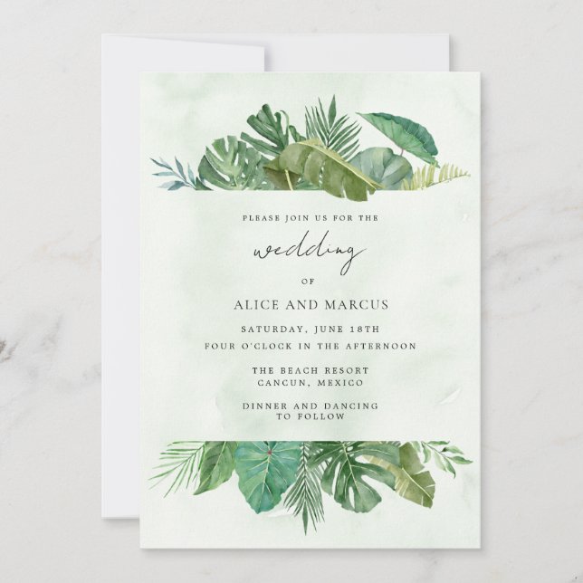 Tropical Leaf Beach Destination Wedding Invitation (Front)