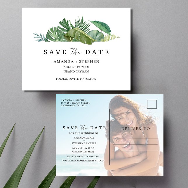 Tropical Leaf Beach Wedding Budget Save the Date Announcement Postcard (Creator Uploaded)