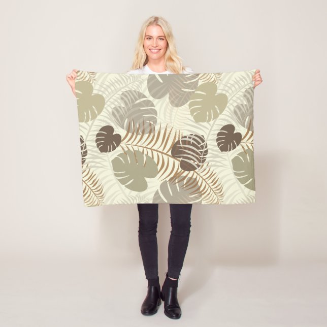 Tropical Leaf Beige, Brown Elegant Botanical Fleece Blanket (In Situ)