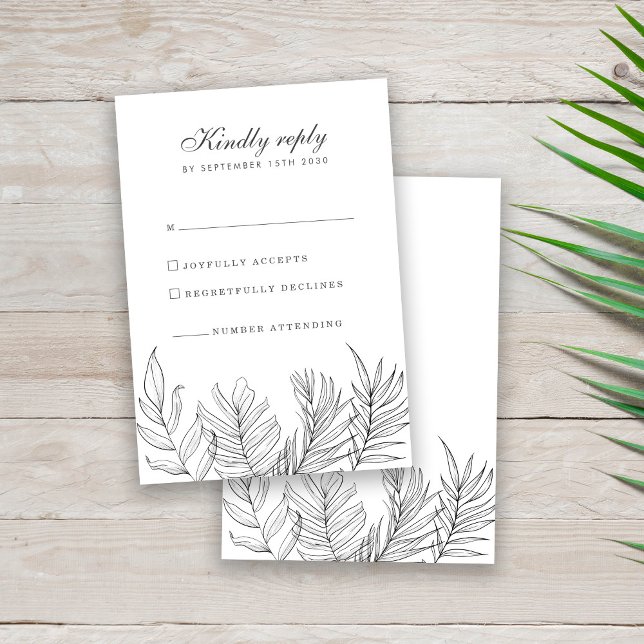 Tropical Leaf Black White Wedding RSVP Card (Creator Uploaded)