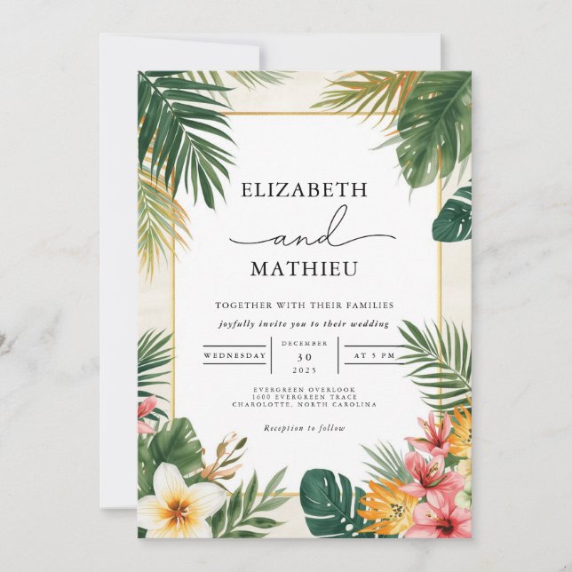 Tropical Leaf Border Wedding Invitation (Front)