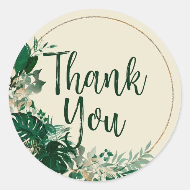 Tropical Leaf Circle Wreath Wedding Thank You Classic Round Sticker (Front)