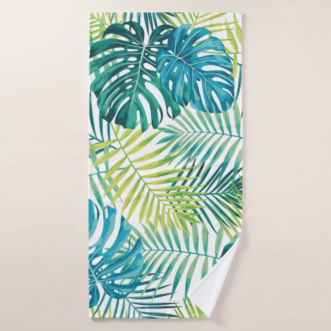 Tropical leaf design featuring green/blue palm and bath towel (Bath Towel)