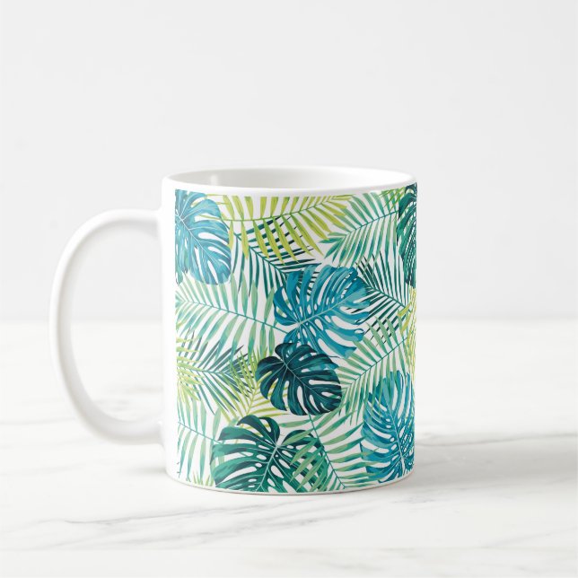 Tropical leaf design featuring green/blue palm and coffee mug (Left)