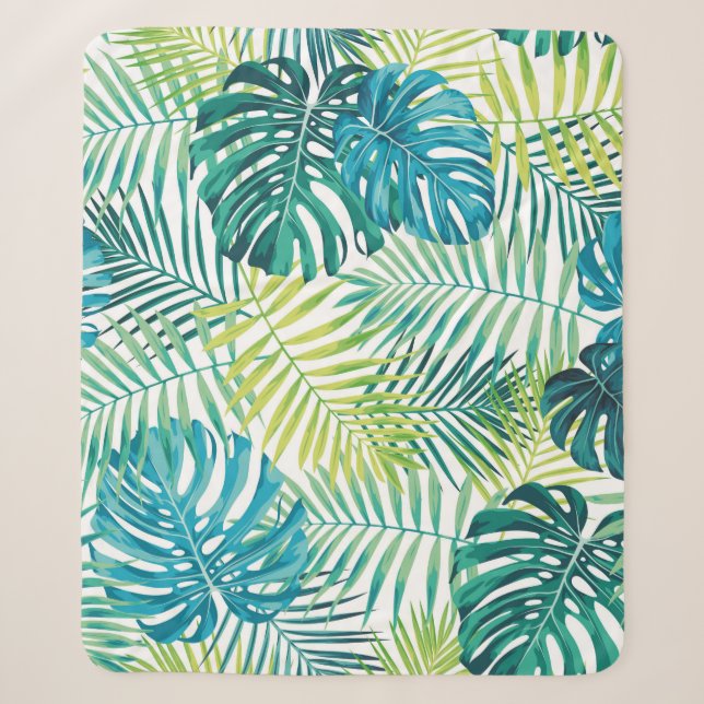 Tropical leaf design featuring green/blue palm and sherpa blanket (Front)