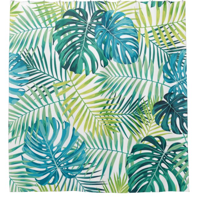 Tropical leaf design featuring green/blue palm and shower curtain (Front)