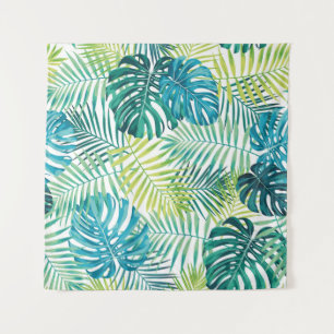 Tropical leaf design featuring green/blue palm and tapestry