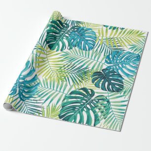 Tropical leaf design featuring green/blue palm and wrapping paper