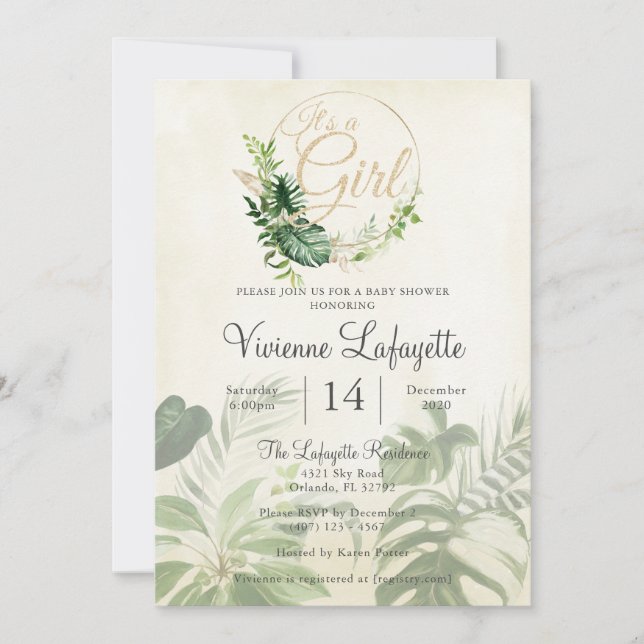 Tropical Leaf Foliage Its a Girl Baby Shower Invitation (Front)