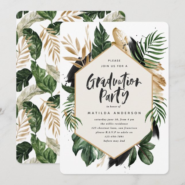Tropical leaf graduation invitation (Front/Back)