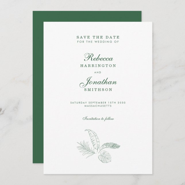 Tropical Leaf Green Minimal Wedding Save The Date Invitation (Front/Back)