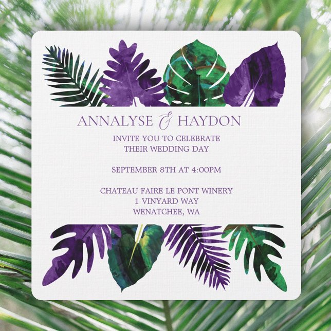 Tropical Leaf Green, Plum Purple Leaves Wedding Invitation (tropical plum purple & green leaves wedding invitations, monstera leaves, ferns, palm leaves)