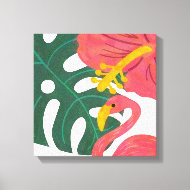 Tropical Leaf, Hibiscus Flower & Flamingo Canvas Print (Front)