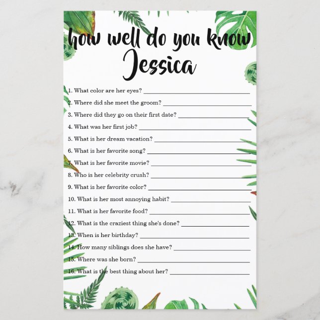 Tropical Leaf How Well Do You Know The Bride Game (Front)