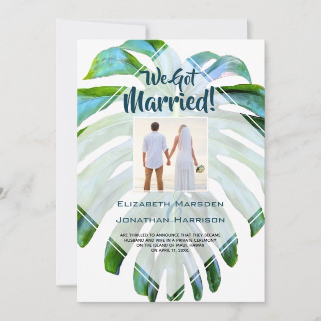 Tropical Leaf Just Married Wedding Announcement (Front)