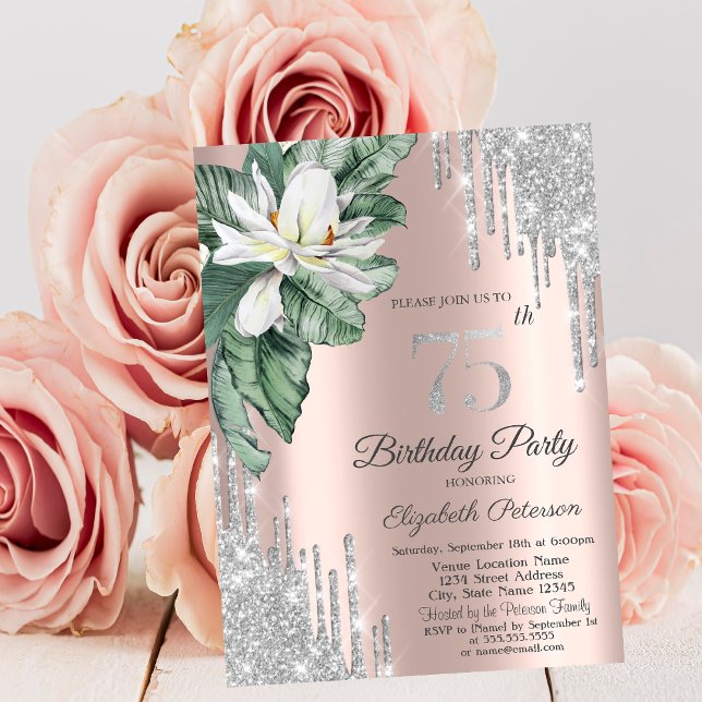 Tropical Leaf Magnolia Rose Gold Drips 75th  Invitation (Creator Uploaded)