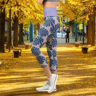 Tropical Leaf Monstera Grey Blue Capri Leggings