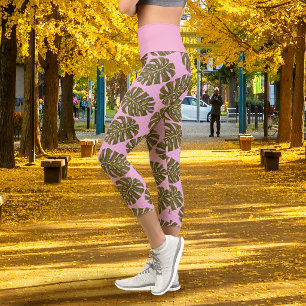 Tropical Leaf Monstera Pink Green Capri Leggings