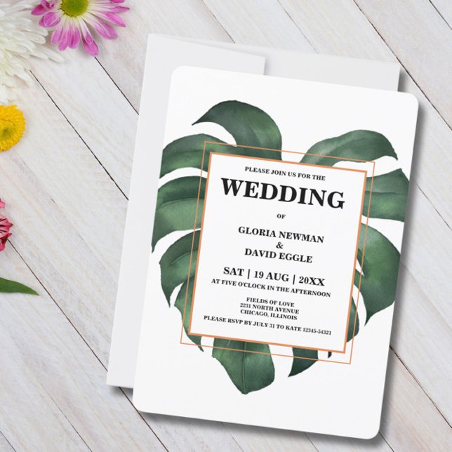 Tropical Leaf  Monstera Wedding Rounded Edges Invitation (Creator Uploaded)