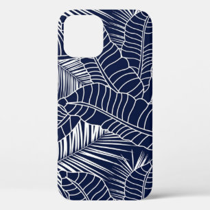 Tropical leaf, navy blue background iPhone 12 case