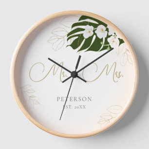 Tropical Leaf Orchids Wedding Anniversary Keepsake Clock