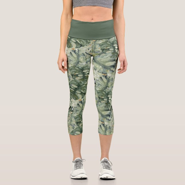 Tropical Leaf Pattern   Capri Leggings (Front)