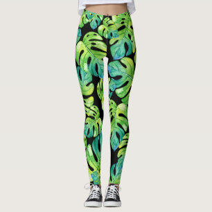 Tropical Leaf Pattern Greenery Beach Yoga Black Leggings
