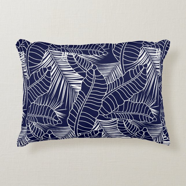 tropical leaf pattern on the navy blue background decorative cushion (Front)