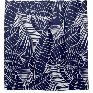 tropical leaf pattern on the navy blue background shower curtain