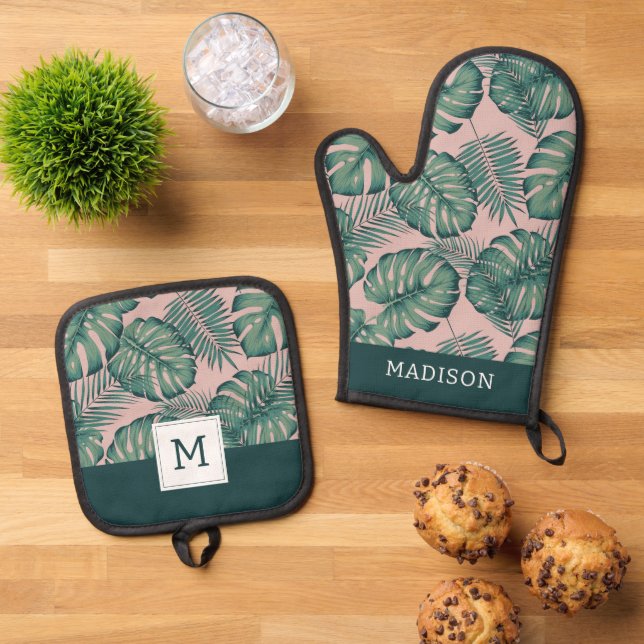 Tropical Leaf Pattern Oven Mitt & Pot Holder Set (Top Down)