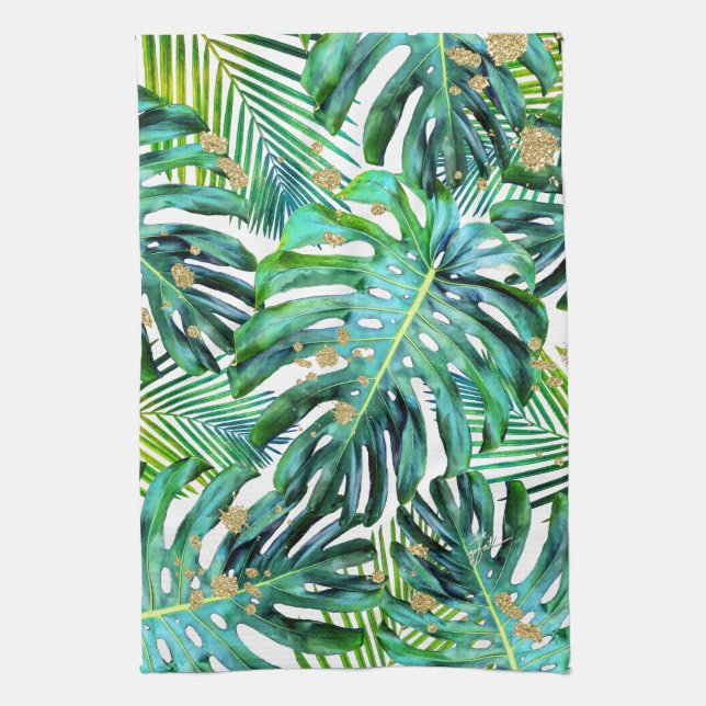 Tropical Leaf Pattern Palm Fronds Gold Glitter Tea Towel (Vertical)