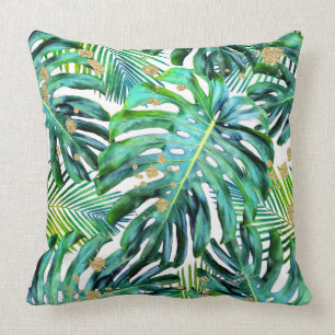 Tropical Leaf Pattern Palms Gold Glitter Cushion