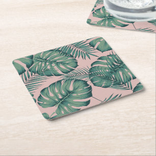 Tropical Leaf Pattern Square Paper Coaster