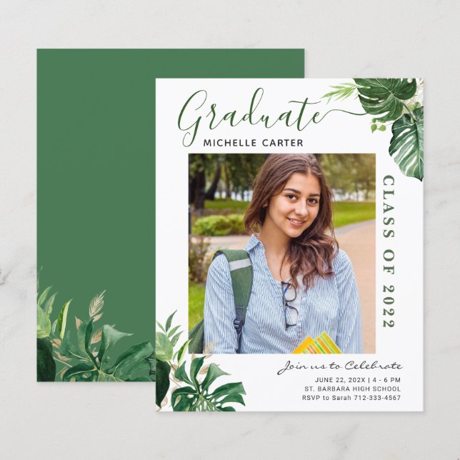 Tropical Leaf Photo Graduation Announcement (Front/Back)