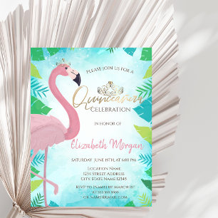 Tropical  Leaf Pink Flamingo Summer Quinceañera Invitation
