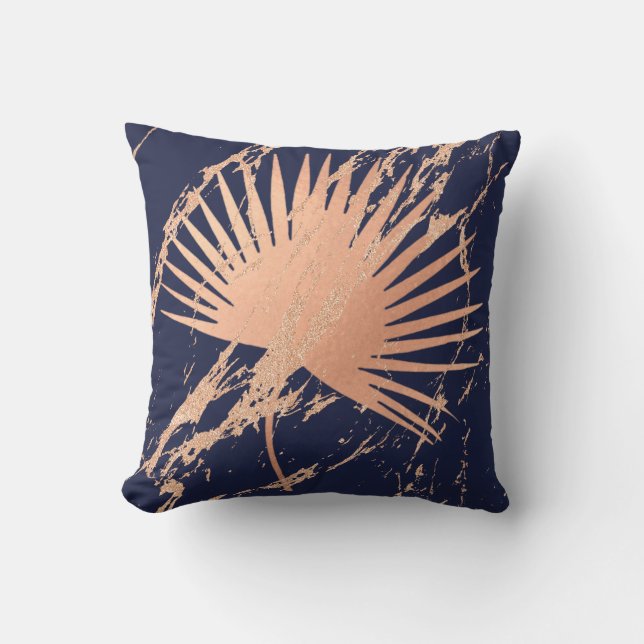 Tropical Leaf Pink Rose Gold Blush Botanic Navy Cushion (Front)