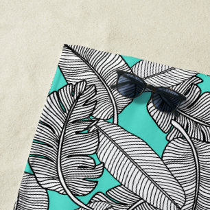 Tropical Leaf Print on Mint Green Aqua Beach Towel