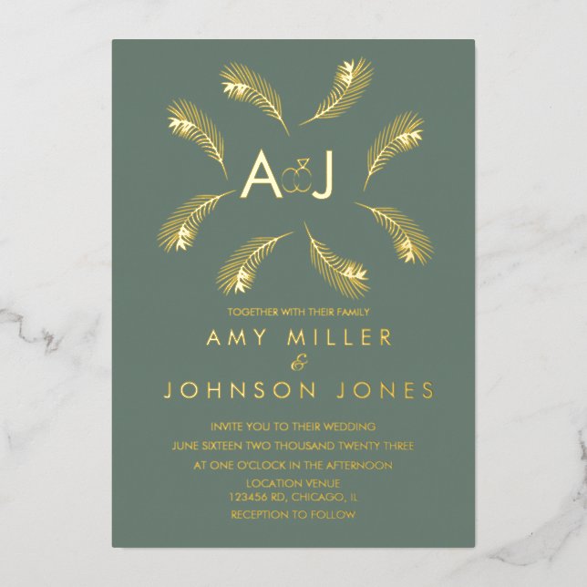 Tropical Leaf Ring Sage Wedding Pressed   (Front)