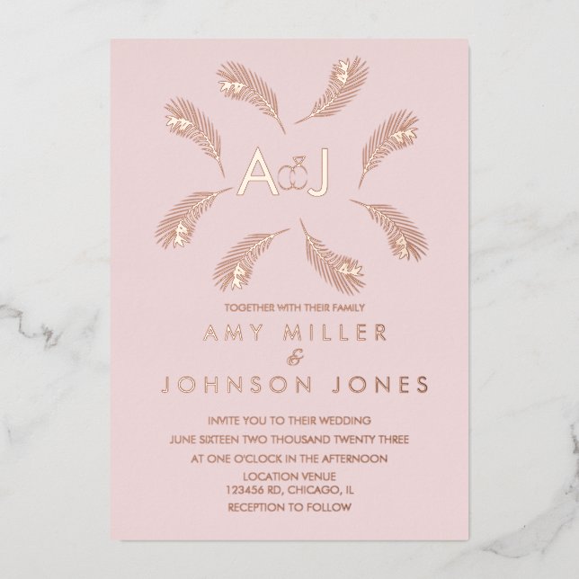 Tropical Leaf Ring Sage Wedding Pressed   Foil Inv (Front)