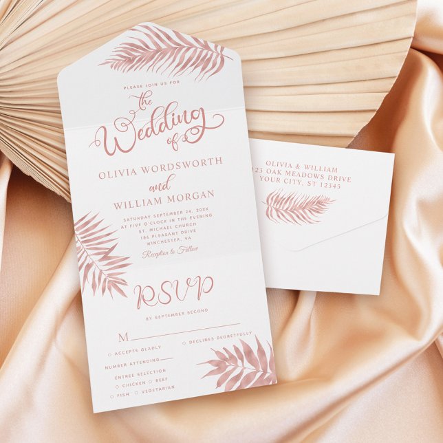 Tropical Leaf Rose Gold All in One Wedding Invite (Creator Uploaded)