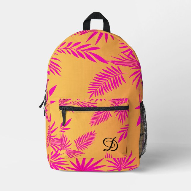 tropical leaf summer palm leaves orange pink printed backpack (Front)