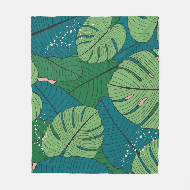Tropical Leaf Tapestry: Vintage Verdure Fleece Blanket (Front)