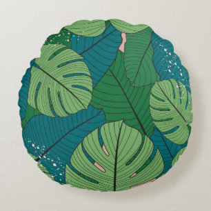 Tropical Leaf Tapestry: Vintage Verdure Round Cushion