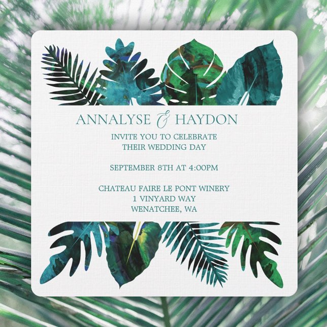 Tropical Leaf Teal Green Monstera Leaves Wedding Invitation (tropical teal green island leaves wedding invitations, vibrant monstera leaves, ferns, & palm leaves)
