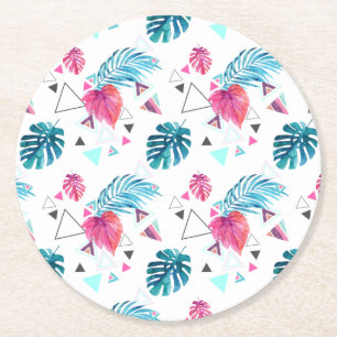 Tropical Leaf Triangle Pattern Round Paper Coaster