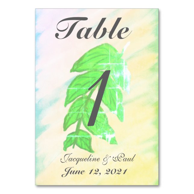 Tropical Leaf Watercolor Wedding Table No. Cards (Front)