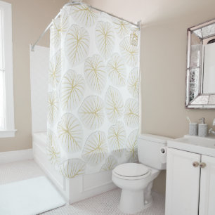 Tropical Leaf White Gold Designer Shower Curtain