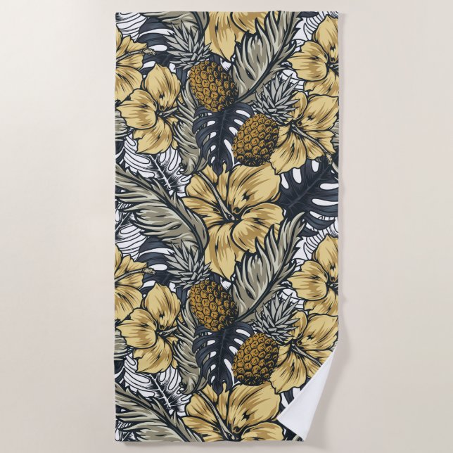 Tropical Leafs and Flowers Pattern Beach Towel (Front)