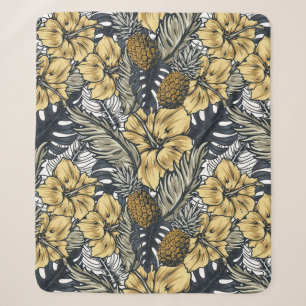 Tropical Leafs and Flowers Pattern Sherpa Blanket